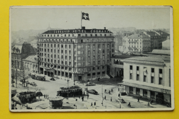 Ansichtskarte AK Genf / Hotel Cornavin / 1940er Jahre / Straßenansicht – Straßenbahn – Kiosk